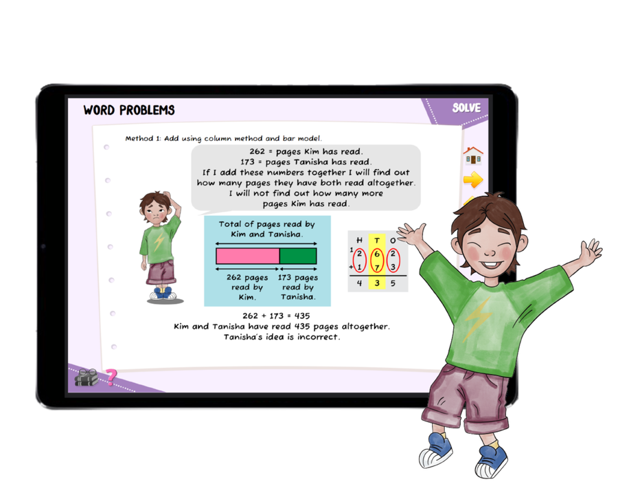 The Everybody Counts platform interface showing a Word Problems activity using the bar model method